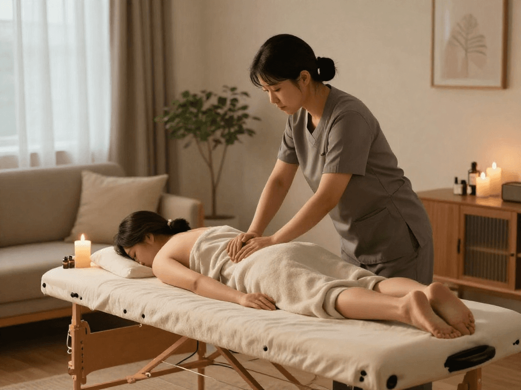 Comforting 안산출장마사지 session in a serene living room with professional therapist and calming atmosphere.