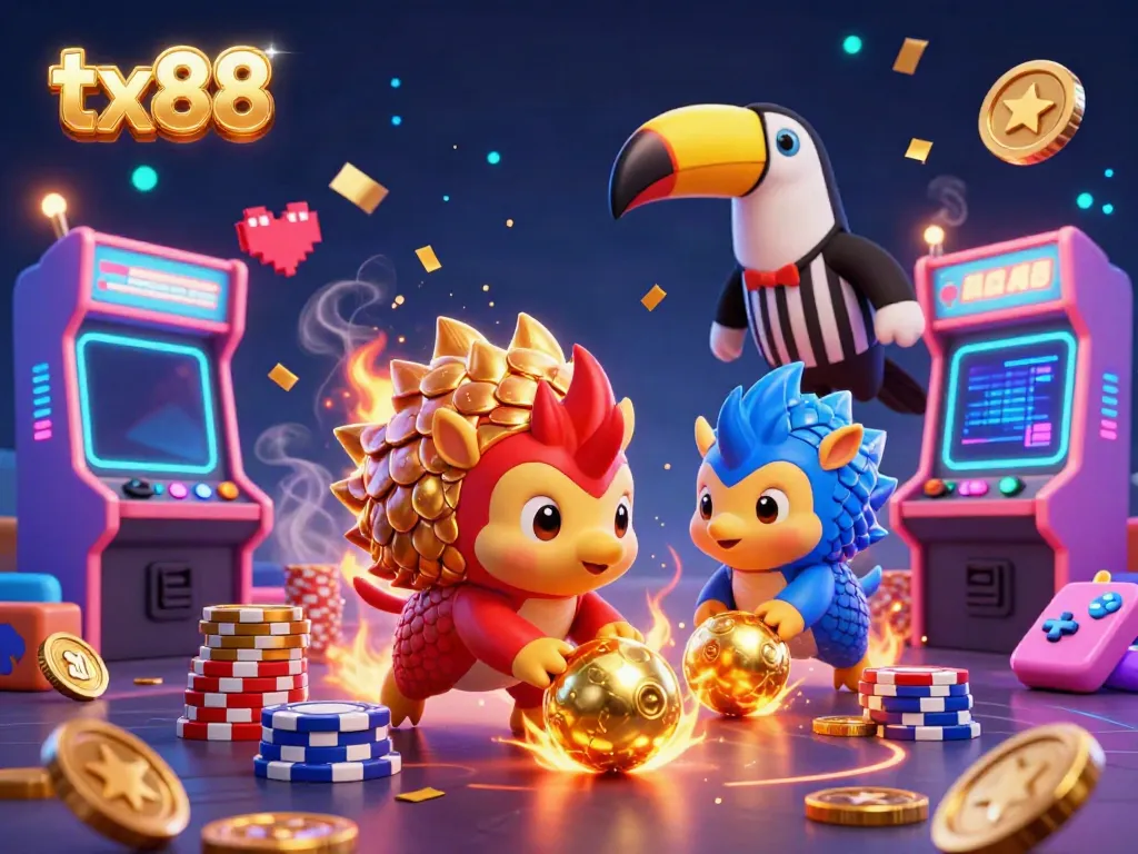 Experience dynamic gameplay at tx88 with rival pangolins bowling through poker chips amidst vibrant casino-themed elements.