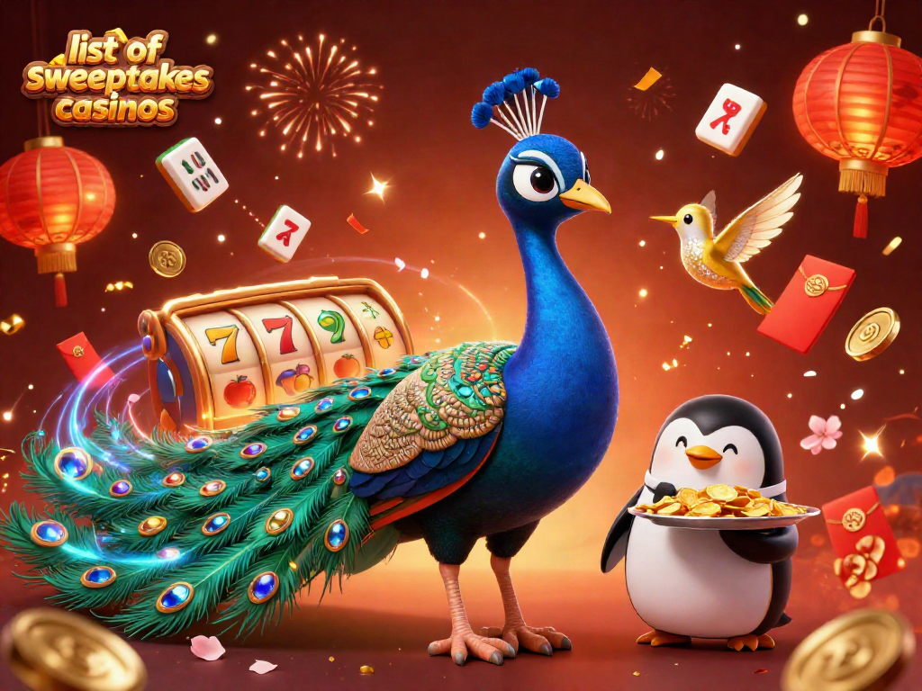 Engage in the stunning list of sweepstakes casinos surrounded by vibrant casino elements and celebratory visuals.