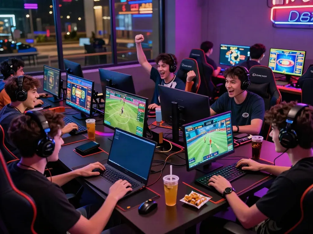 Diverse gamers enjoying online betting games and engaging with Debet net in an energetic gaming lounge.