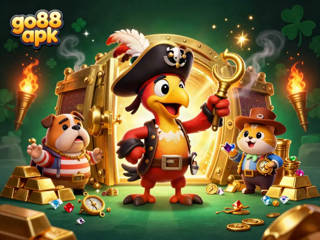 Engage in exciting gameplay with the go88 apk showing a vibrant treasure scene filled with pirate characters and casino elements.