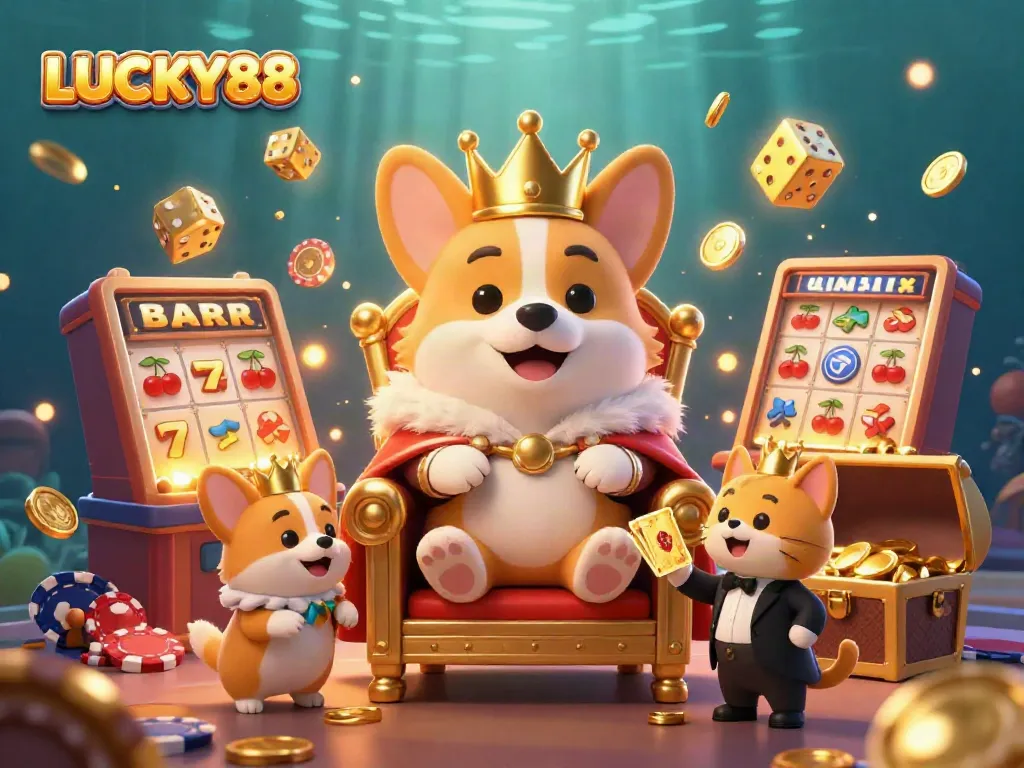 Experience excitement with LUCKY88 as corgi characters dominate this vibrant casino-themed scene.