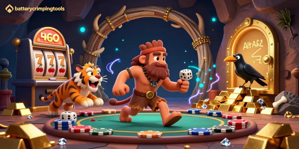 Engage with batterycrimpingtools in a vibrant 3D cartoon gambling scene featuring caveman, sabertooth, and crow.