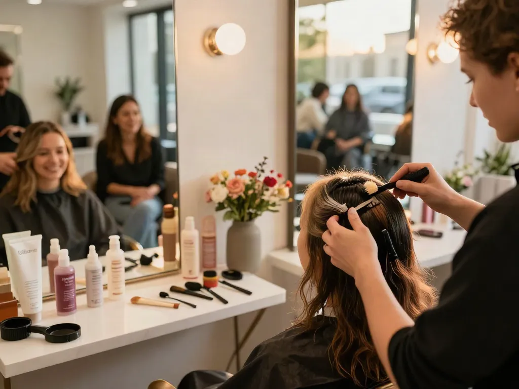 Scalp hair fill-ins application in a beauty salon, showcasing diverse shades and textures for enhanced fullness.