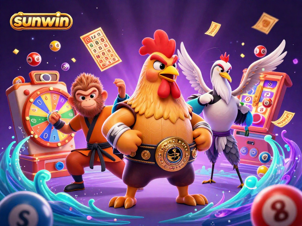 Catch the excitement with sunwin's vibrant lottery-themed illustration showcasing playful elements in a dynamic scene.