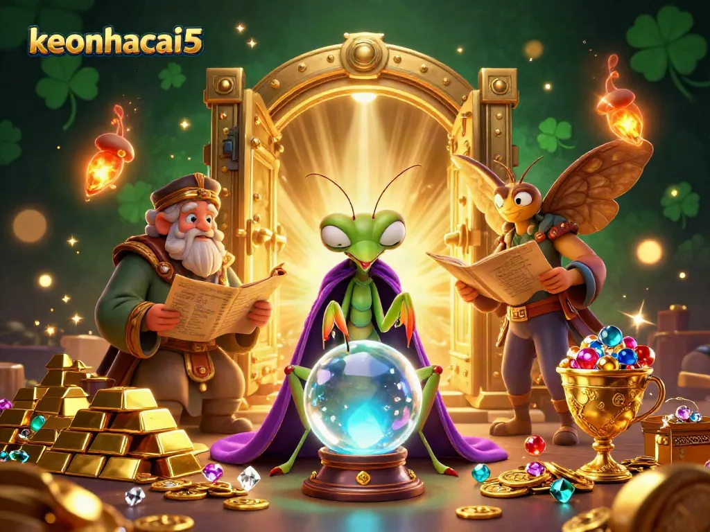 Catch the vibrant energy of keonhacai5 with a mystical 3D illustration of fortune tellers among sparkling treasures.