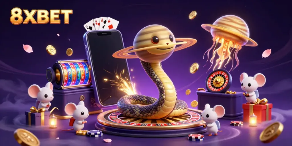 Bet on diverse gambling experiences with 8XBET, represented through playful cosmic elements.