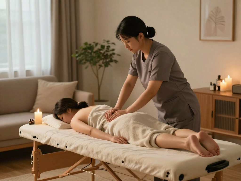 Comforting 안산출장마사지 session in a serene living room with professional therapist and calming atmosphere.