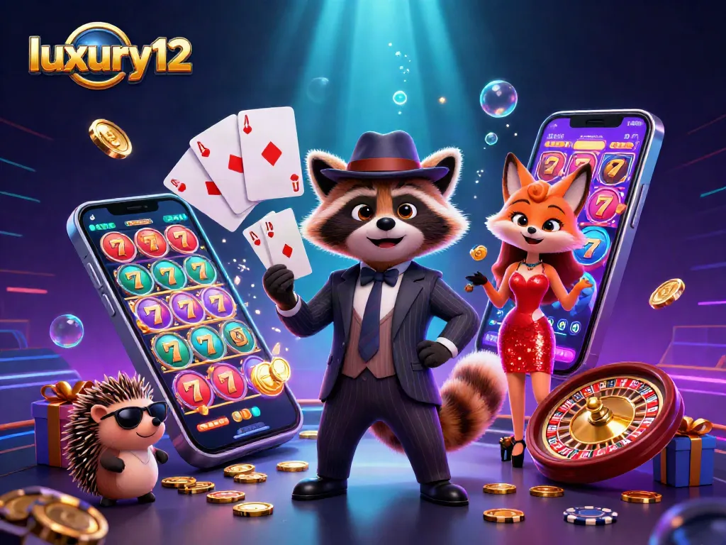 Experience excitement with luxury12 as suave characters reveal slots and jackpots in a vibrant casino scene.