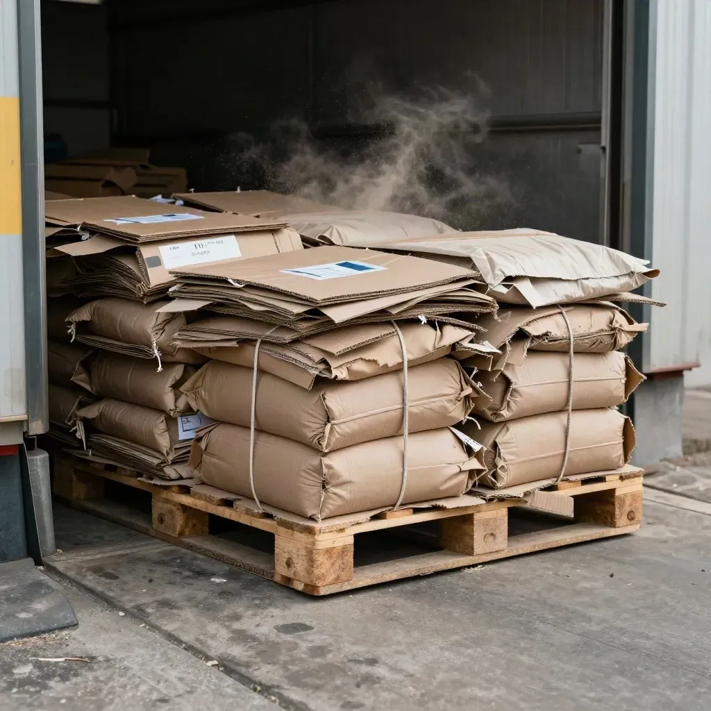 Cardboard bales and flattened office boxes settling at a recycling dock