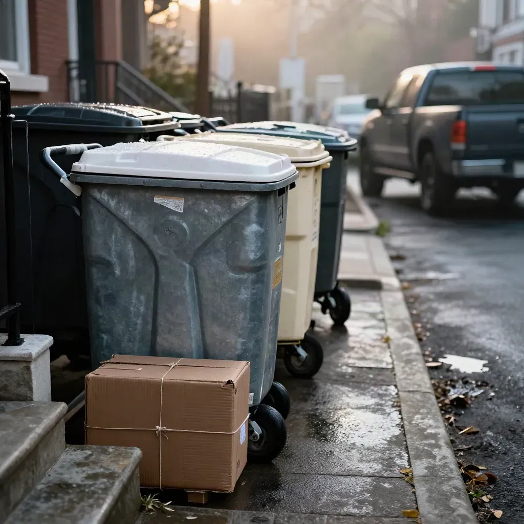 Curbside recycling carts and flattened cardboard glisten at a wet townhouse curb before dawn.