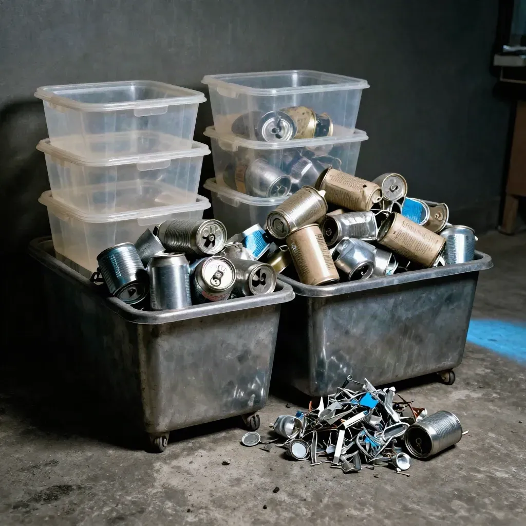 Sorted plastic containers, cans, and scrap metal in bins on a concrete shop floor, low-angle editorial scene.