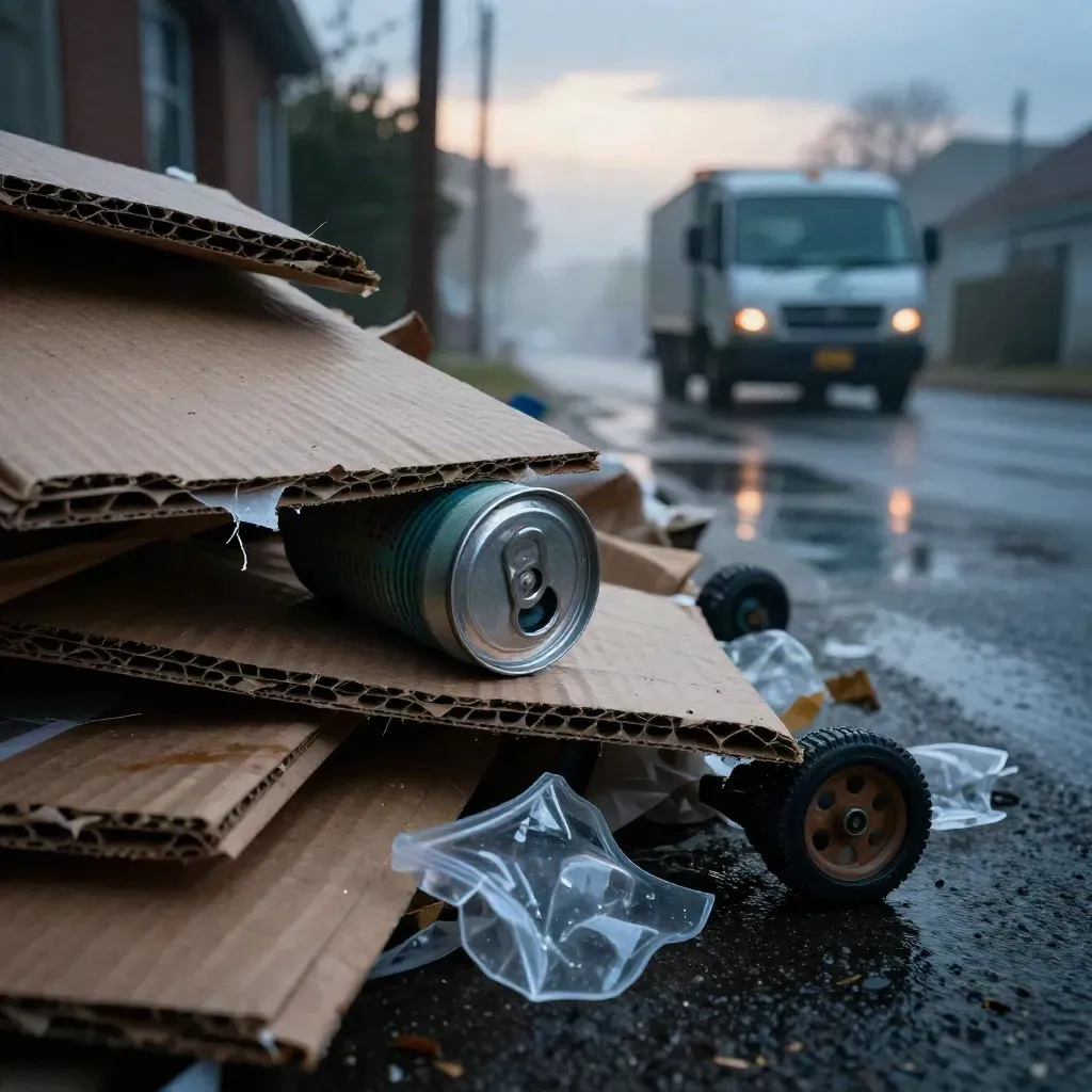 Wet cardboard, aluminum, and recycling-bin textures in a misty curbside alley at dawn