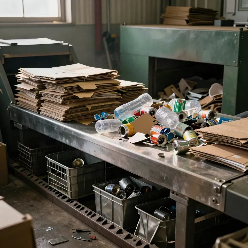 Sorted recycling materials on a stainless table beneath an industrial chute in a warm warehouse bay.