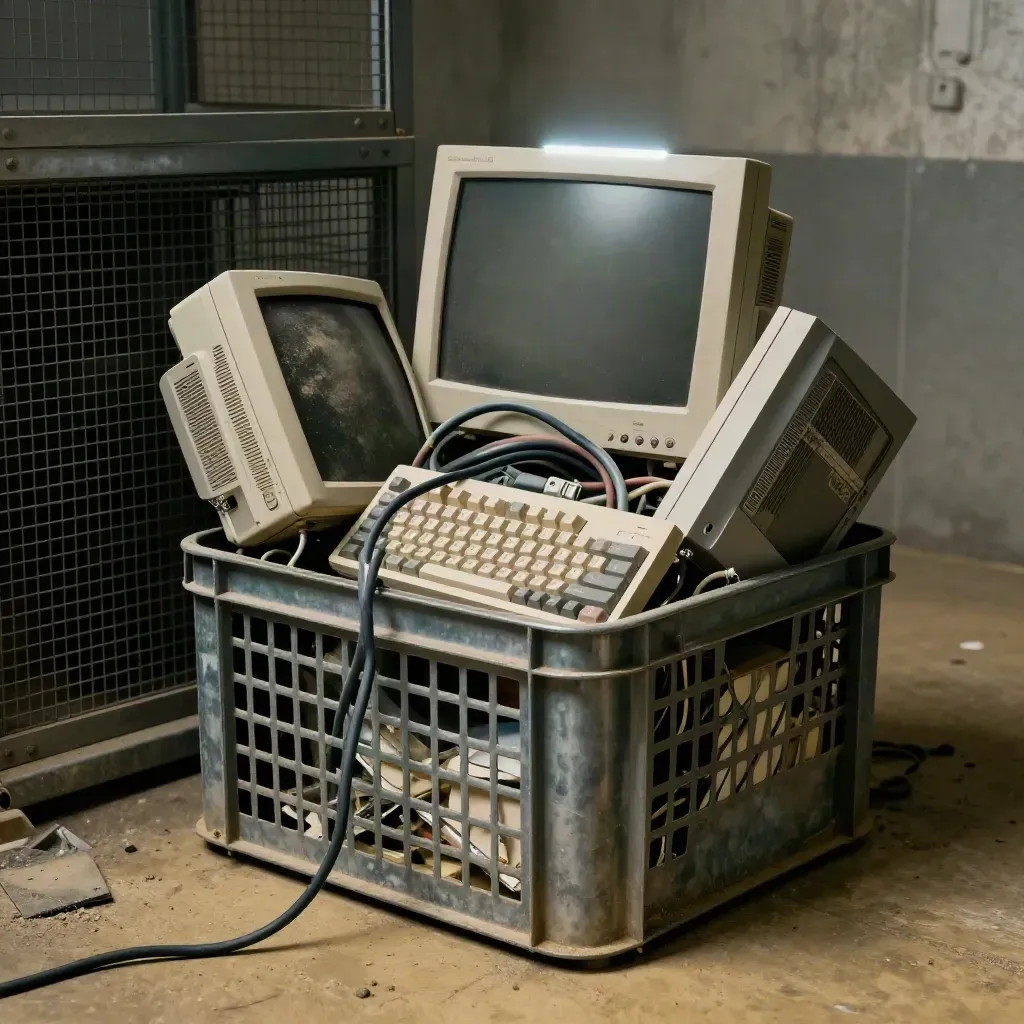 Macro of e-waste tote with old monitors, cords, keyboards and device shells in a recycling bay.