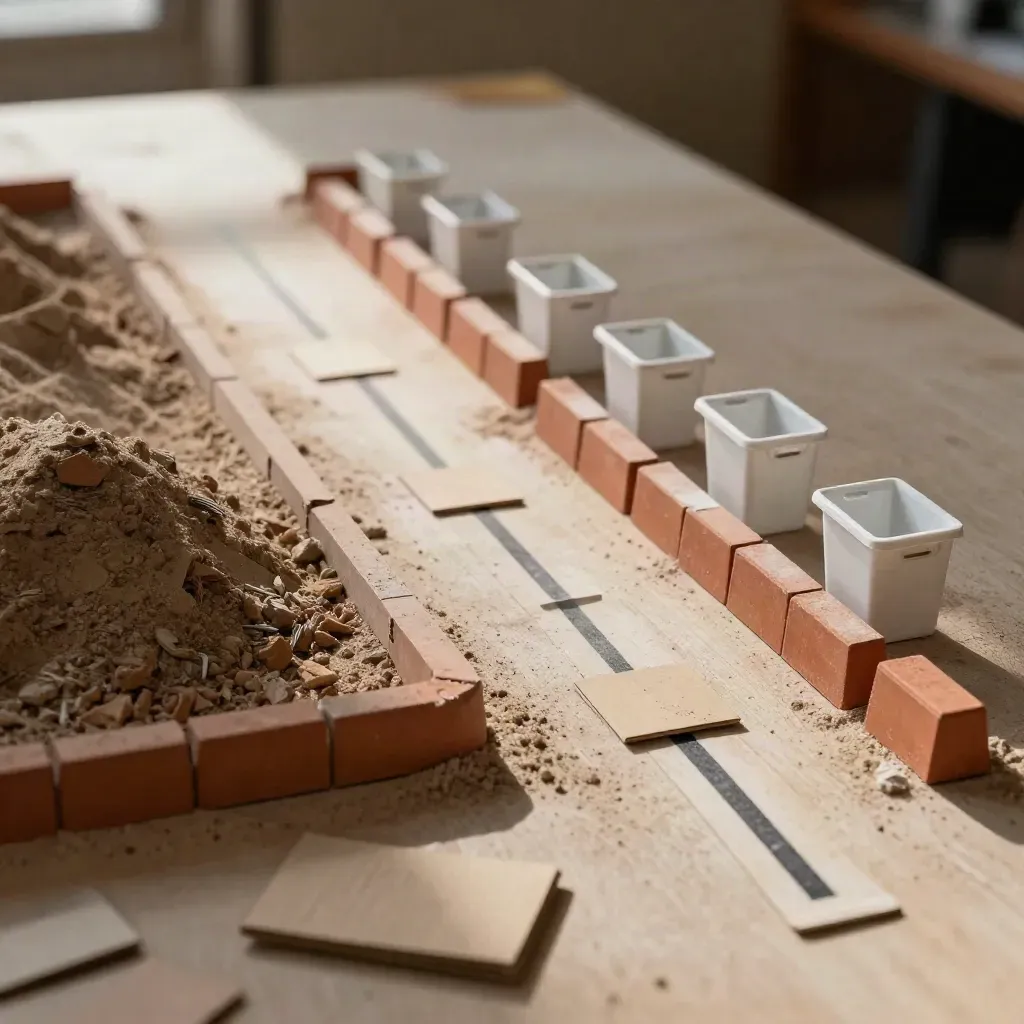Miniature landfill diversion model with curb blocks, bin cubes, parcel pieces, and route markers.