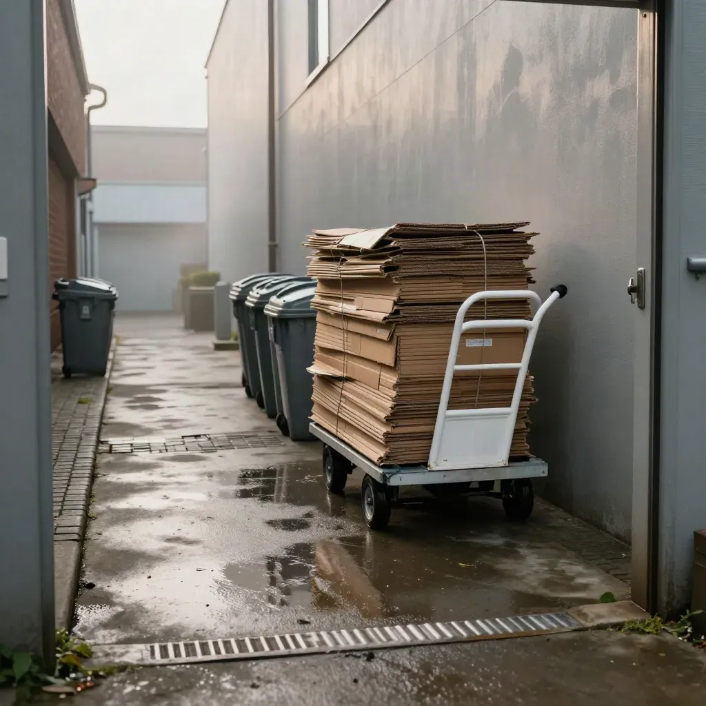 Clean service alley with stacked cardboard and emptied carts after pickup at an apartment complex.