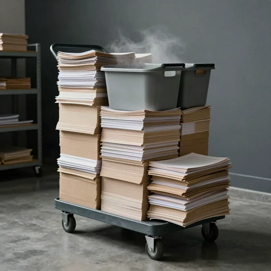 Paper bundles in a sorting cart, emptied office bins and a clear backroom floor at Northline Group