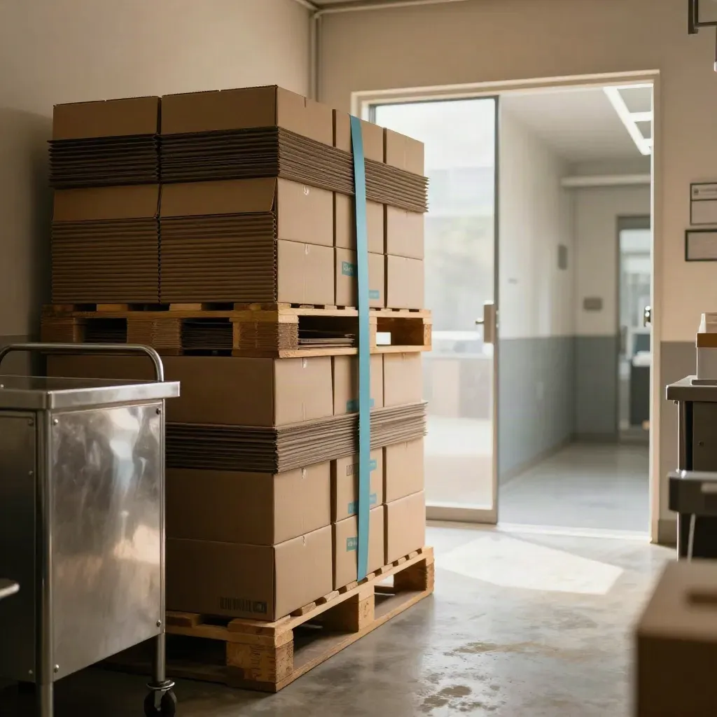 Back-room pallet of folded cafe boxes beside an open prep corridor in a Green Nest Cafe storage lane.