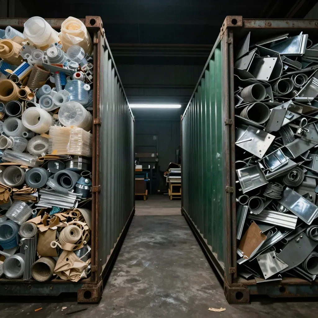 Low-angle shop floor with two loaded roll-off containers, one plastic and one metal, in moody haze.