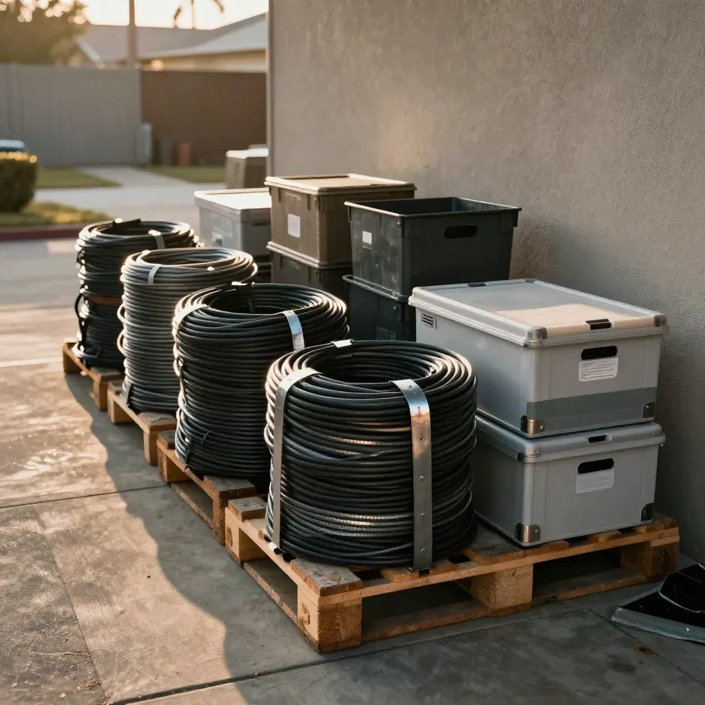 E-waste pallets and sealed device crates staged on a concrete collection pad at Cedar Park Homes.
