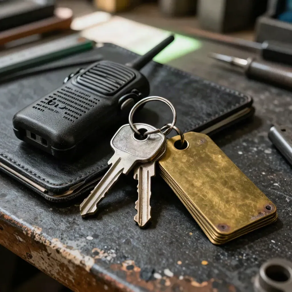 Macro dispatch kit: key ring, closed tablet folio, fleet radio and brass bin tags on a dark workbench.
