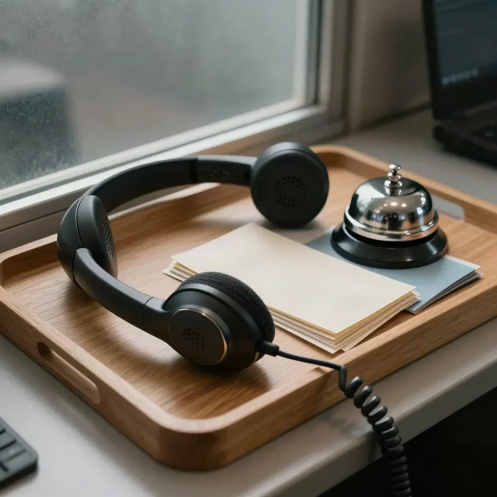 Phone handset, headset, bell and sample cards on a pale wood tray in dim office light.