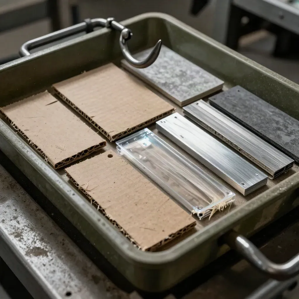 Overhead macro of sorting trays, metal grab hook, and recycled material samples.