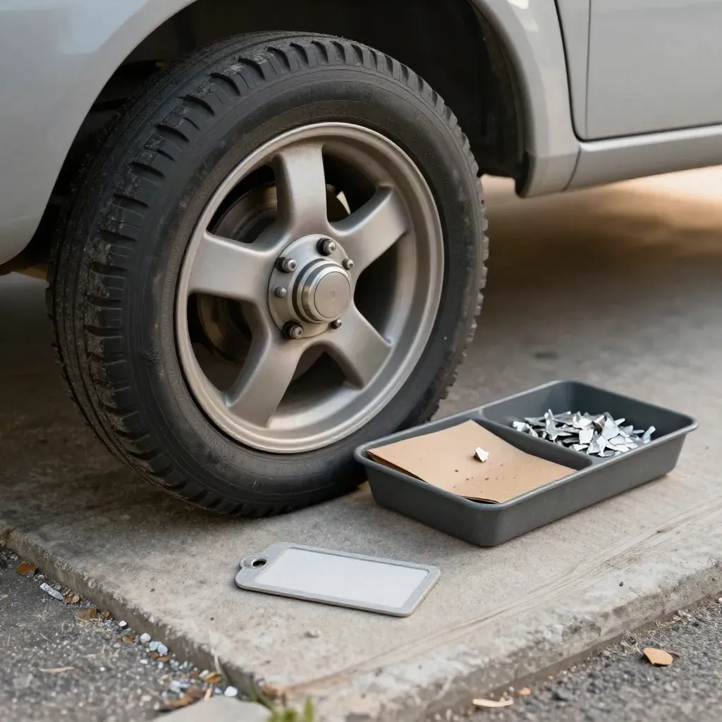 Recycling site-review still life with bin wheel, sample tray, curb stop, and blank access token
