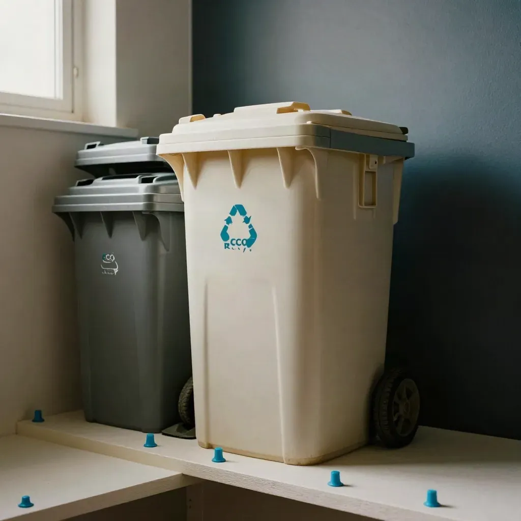 Nested recycling bins with wheel chocks and blue route pegs on a plaster shelf
