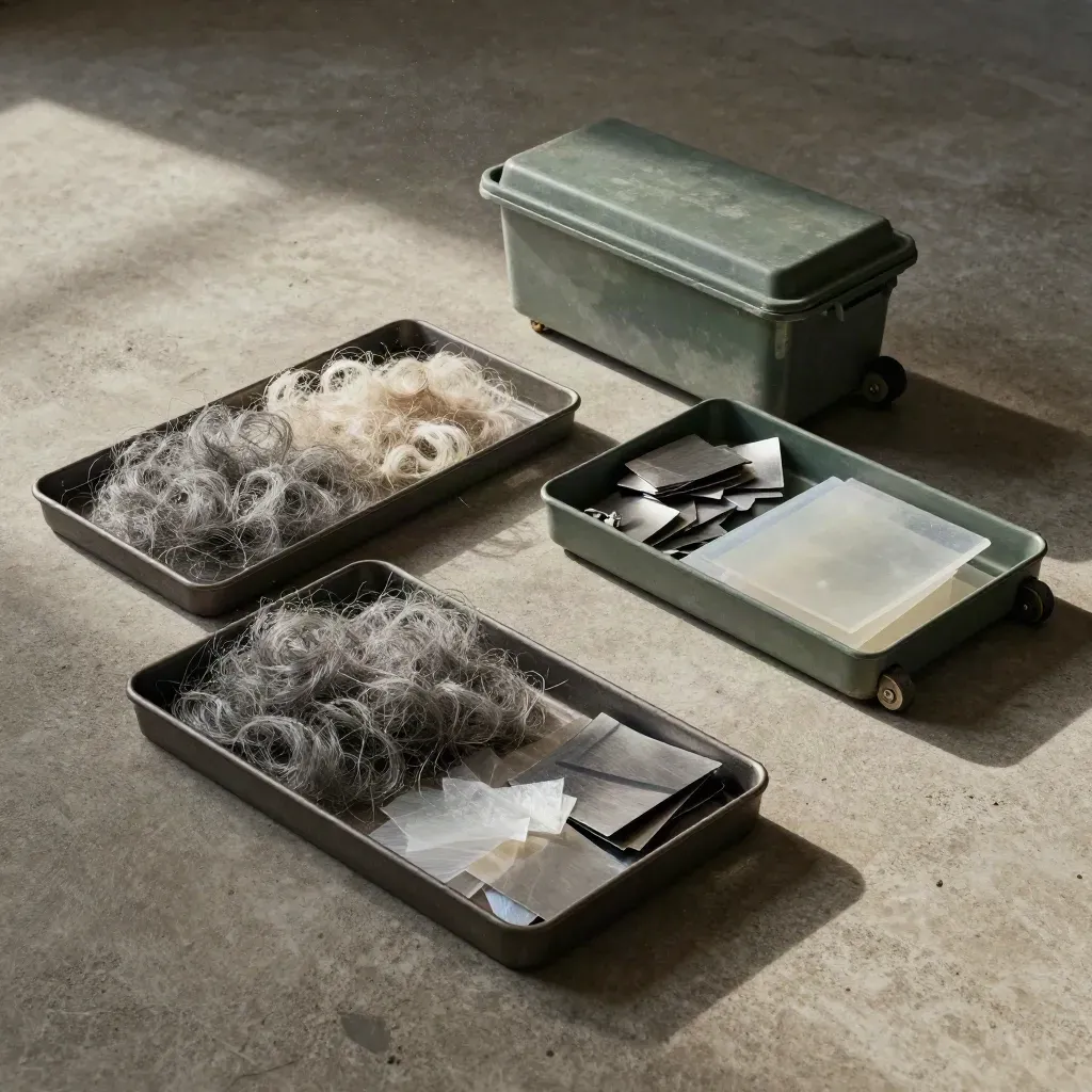 Overhead trays of recycled paper, metal, and plastic beside a dented route bin.