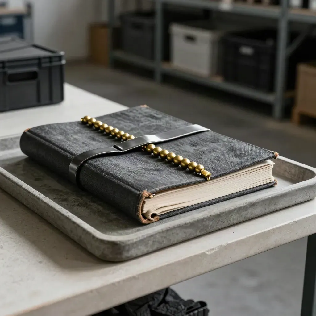 Closed logbook, brass tally beads, metal clip and linen cloth on a concrete tray in soft side light.