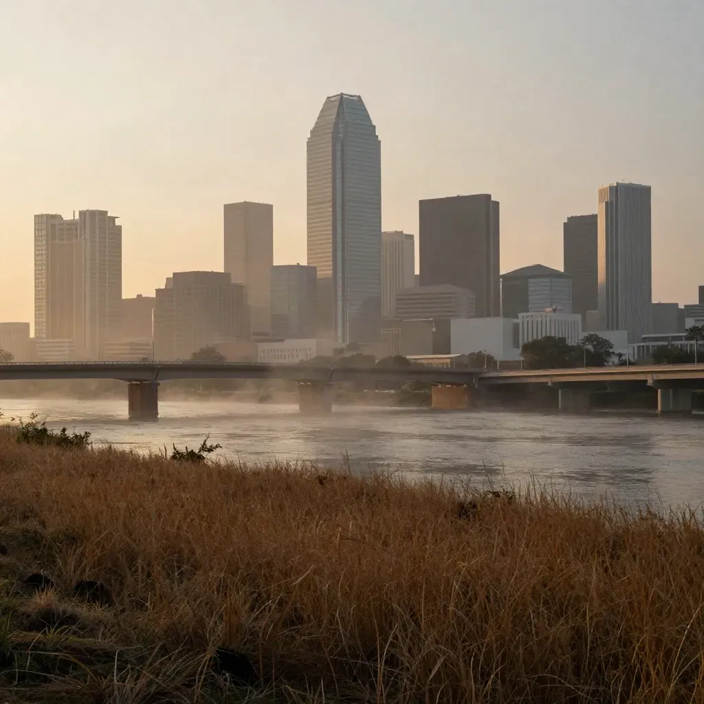 Dallas-Fort Worth skyline and Trinity River bridges in warm sunrise haze over calm prairie water.