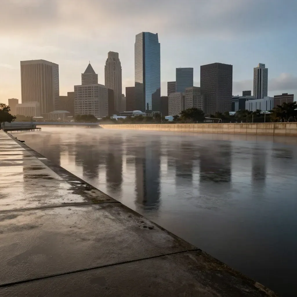 Houston skyline mirrored in a humid bayou beside rain-dark concrete at golden hour