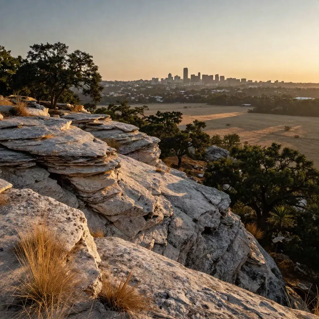 Austin hill country at sunset with limestone ridge, live oaks, and tiny skyline on the horizon