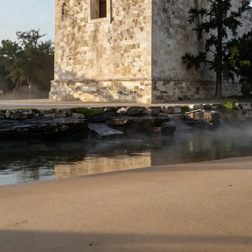 Dawn over San Antonio mission limestone and still river water with cypress, calm open ground below.