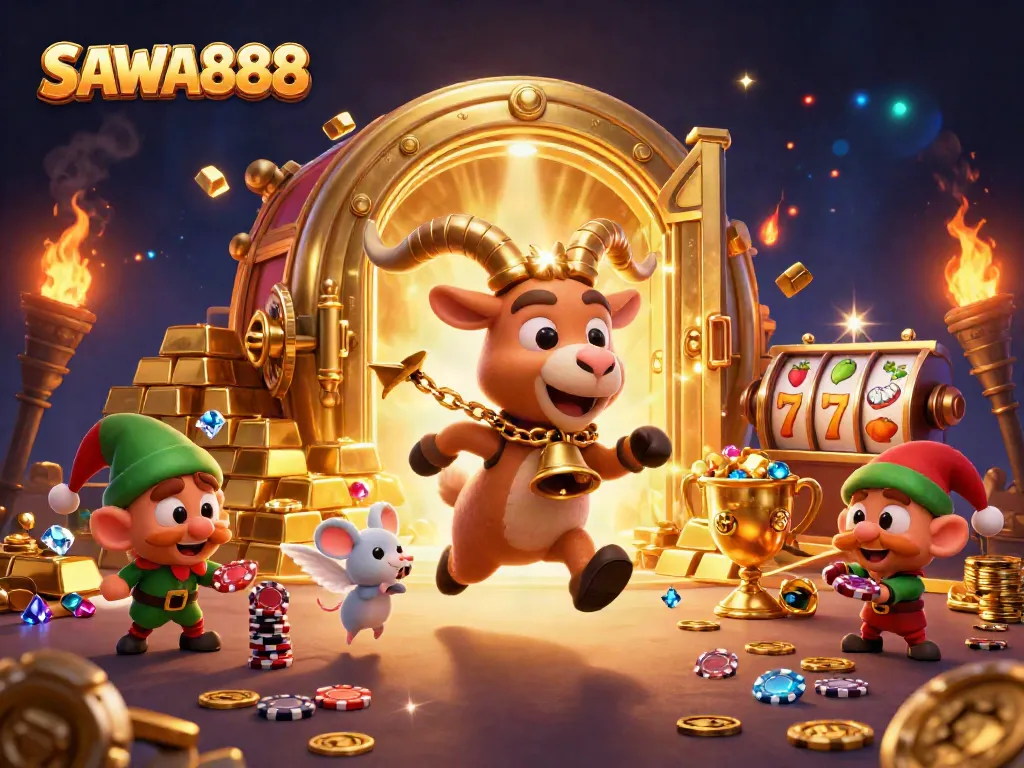 Engage in thrilling gameplay at SAWA888 with festive characters in a dynamic casino scene.