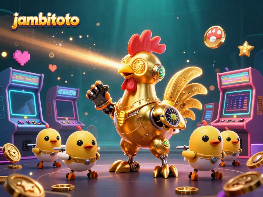 Engage in fun with jambitoto's vibrant gaming scene featuring a golden rooster robot and arcade elements.