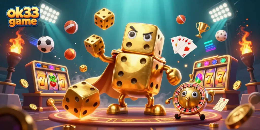 Play the ok33 game with exciting visuals of golden dice and slot reels combined.
