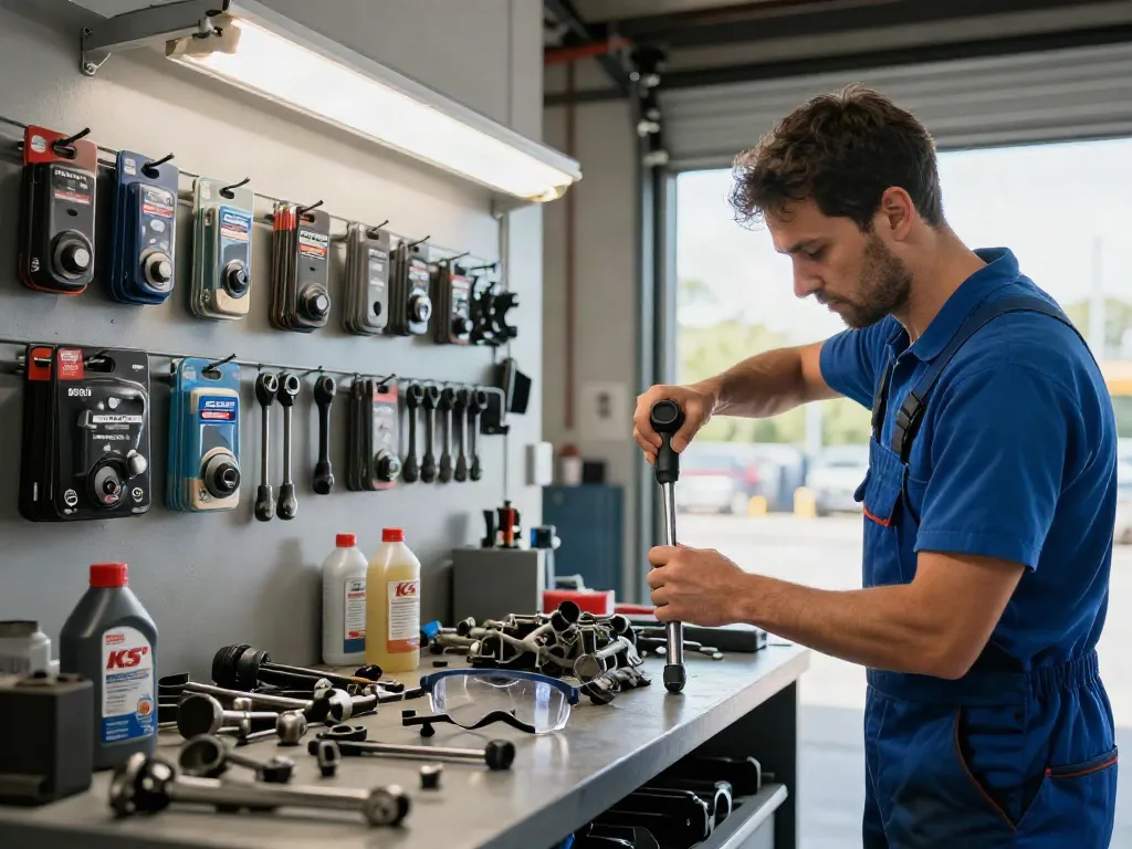 Technician using KS tools in a bright automotive workshop, showcasing quality tools and repair.