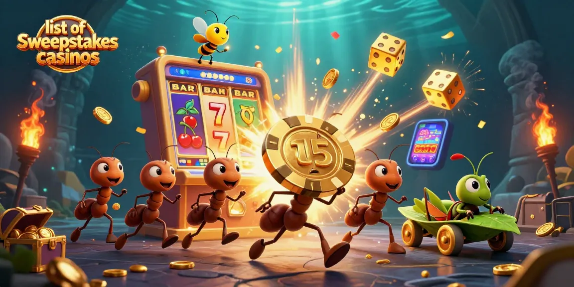 Ants carrying a giant poker chip symbolize the allure of the list of sweepstakes casinos.