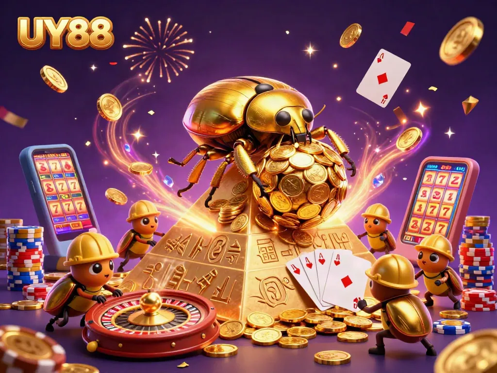 Experience UY88's exciting gaming adventure with golden beetles and casino symbols!