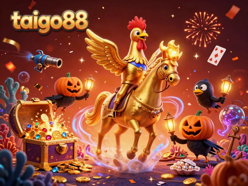 Engage in thrilling gaming with taigo88 as a golden rooster and its spectral horse in a vibrant casino.