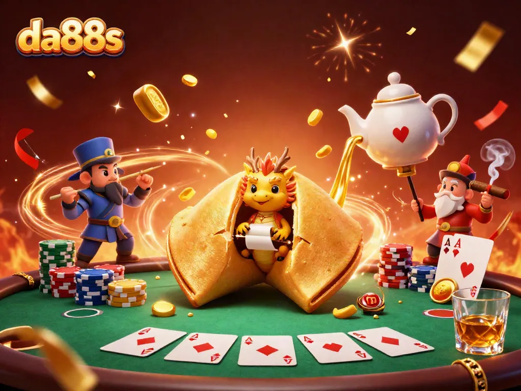 Engage with da88s, where a giant fortune cookie reveals winnings amidst vibrant 3D casino elements and action.