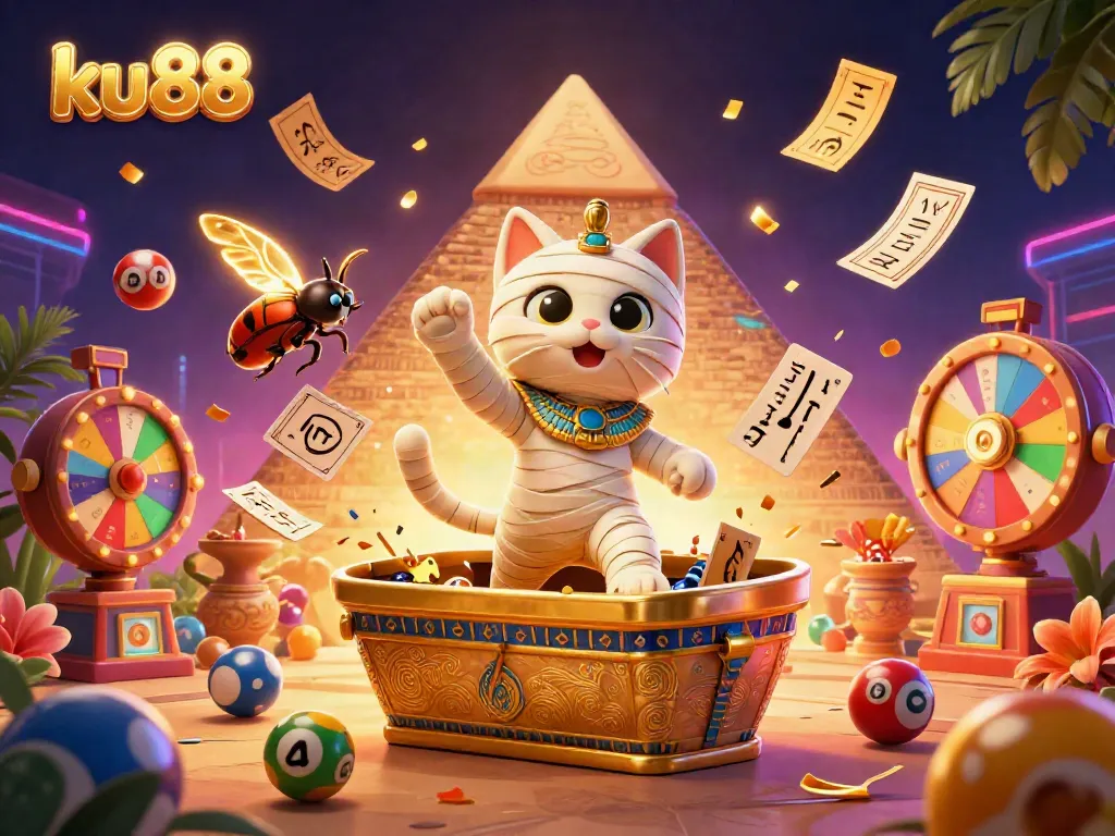 Experience thrilling action with ku88 in a vibrant pyramid casino featuring a mummy cat, golden tickets, and dynamic prize elements.