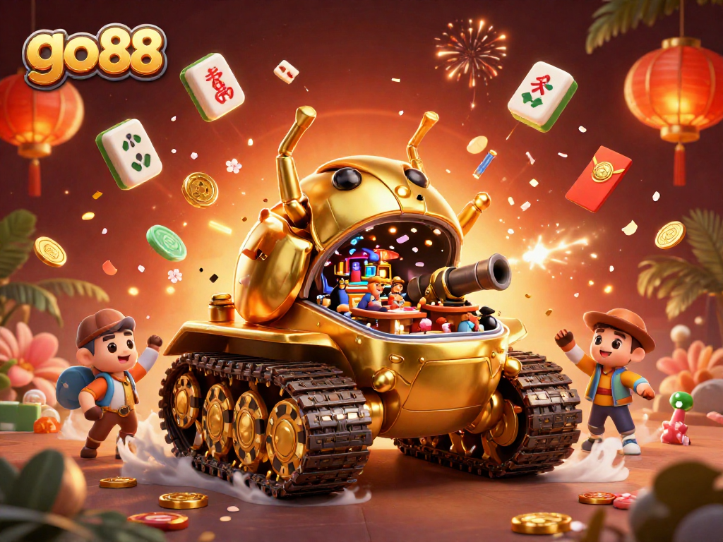 Experience exciting gameplay with go 88 in this vibrant 3D casino scene featuring a golden beetle tank.