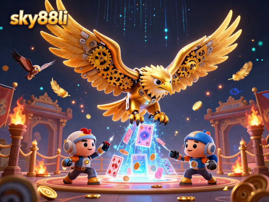 Engage with the dynamic sky88li 3D scene, featuring a golden eagle amidst glowing playing cards and casino elements.