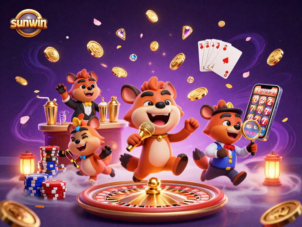 Engage in thrilling gaming adventures at sunwin with a vibrant casino scene featuring hyenas and sparkling elements.