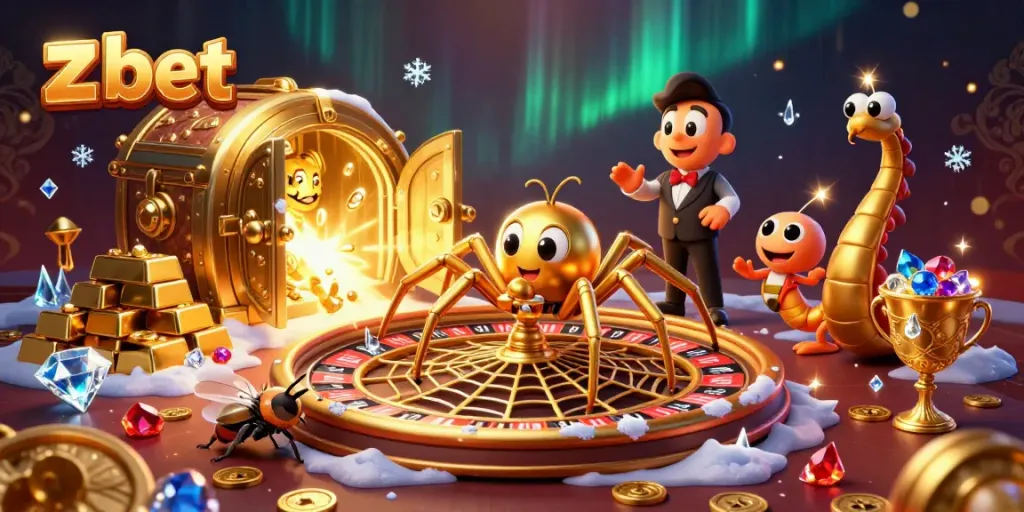 Place bets with z bet as a golden spider spins a roulette-themed web filled with treasures and gems.