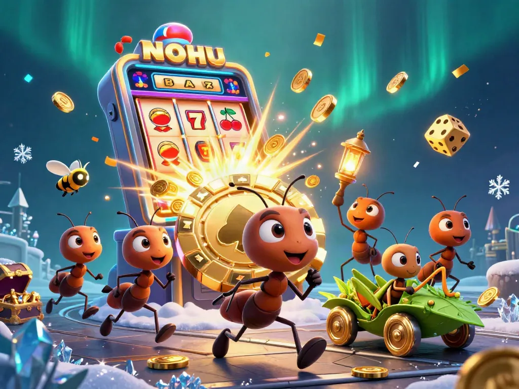 NOHU game heist scene with ants and casino elements creating excitement and wealth.